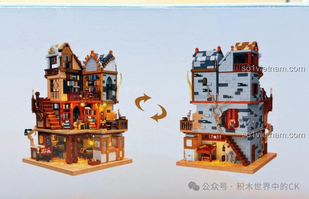 Hình ảnh trên hộp JIESTAR 57016 Thư viện Châu Âu Thời Trung Cổ cho thấy cả mặt trước và mặt sau của mô hình.