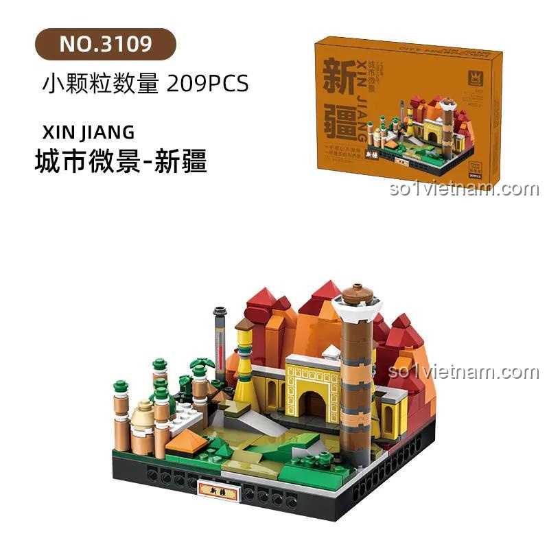 Bộ lắp ghép WANGE 3109 Thành phố thu nhỏ Tân Cương, hiển thị chi tiết mô hình kiến trúc, số mảnh 209, độ tuổi 6+