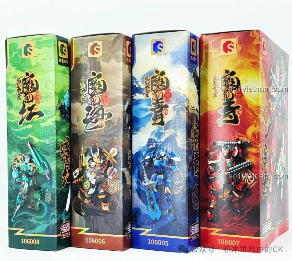 Hình ảnh 4 hộp của bộ lắp ráp robot Tứ Đại Thiên Vương SEMBO với thiết kế màu sắc riêng biệt cho từng mẫu.