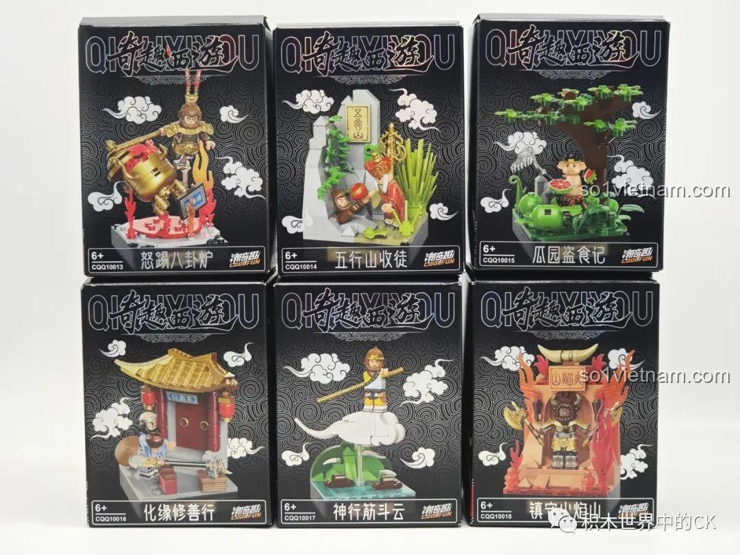 Toàn bộ 6 hộp của bộ lắp ráp Tây Du Ký CoolFun, một món đồ chơi xếp hình Đại Thánh Tây Du Ký tuyệt vời cho trẻ em từ 6 tuổi.