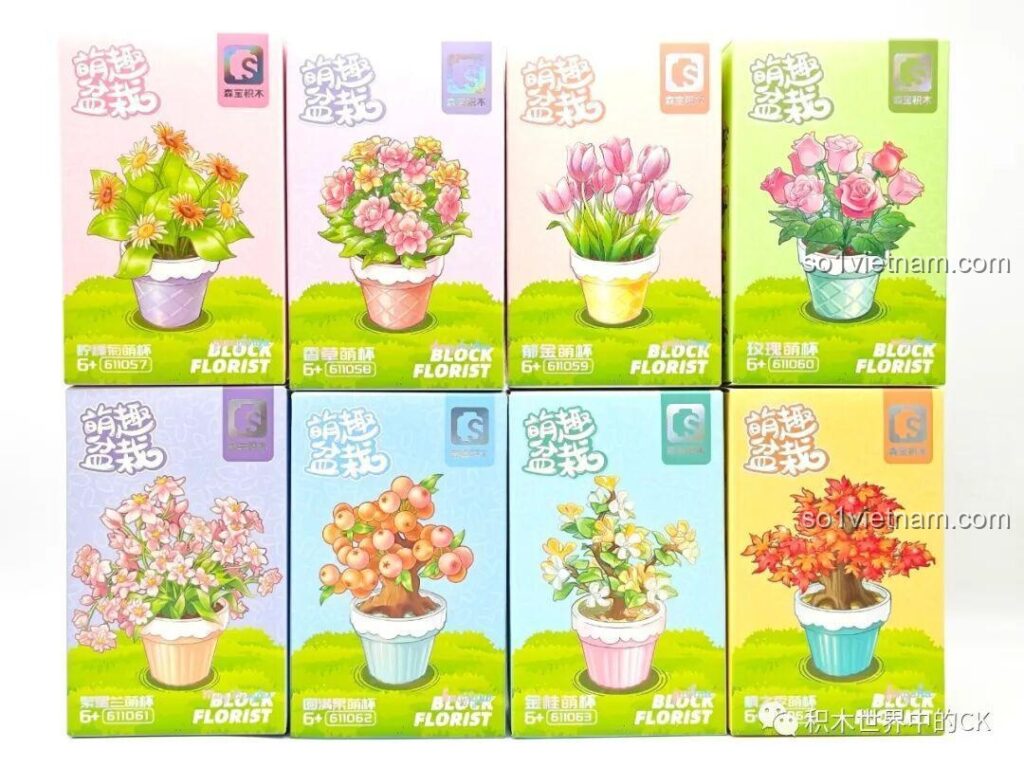 Toàn bộ 8 mẫu trong bộ sưu tập chậu cây lắp ráp Sembo Cute Potted Plant, món quà ý nghĩa cho bé gái trên 6 tuổi.