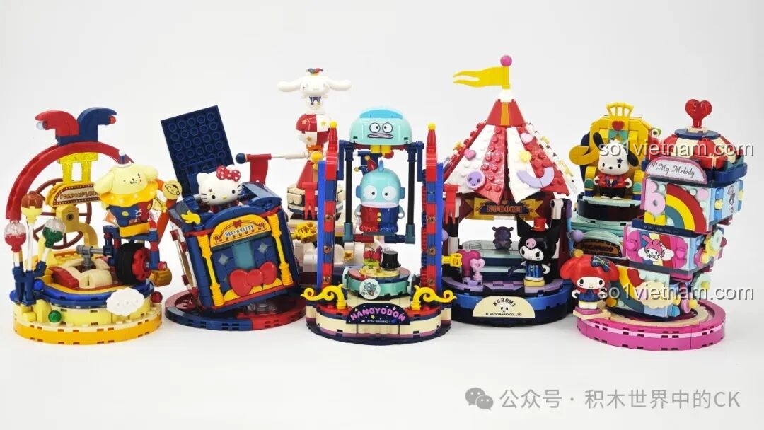 Bộ sưu tập các mô hình Keeppley Sanrio, bao gồm K20855 và K20854 Hangyodon, Hello Kitty, My Melody.