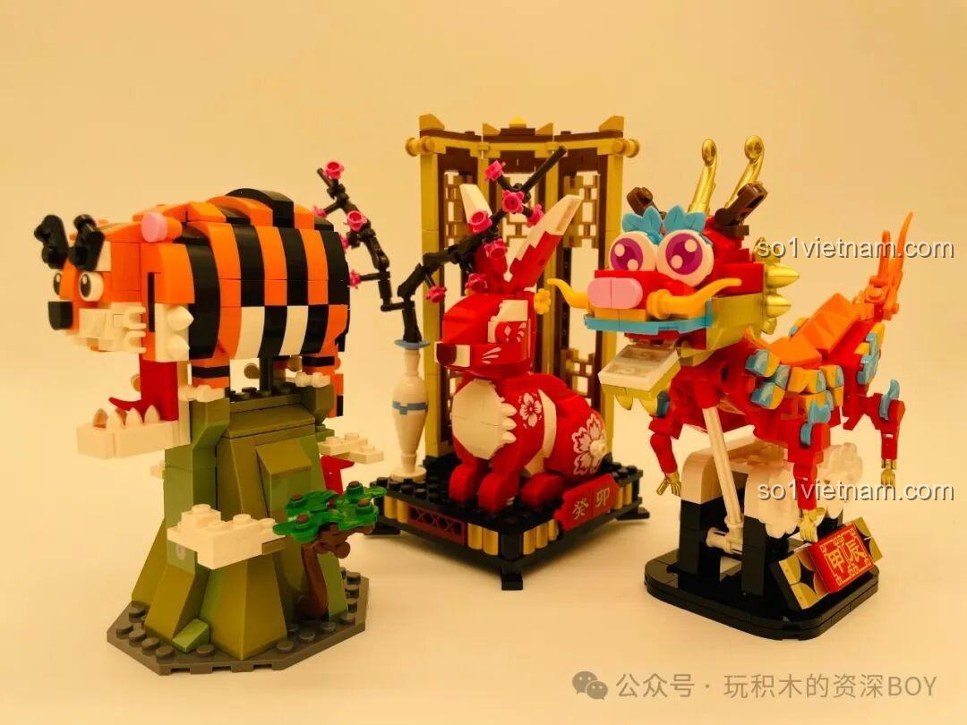 Bộ sưu tập ba linh vật Gobricks: Hổ (2022), Thỏ (2023) và Rồng Béo Trên Trời (2024) đứng cạnh nhau.