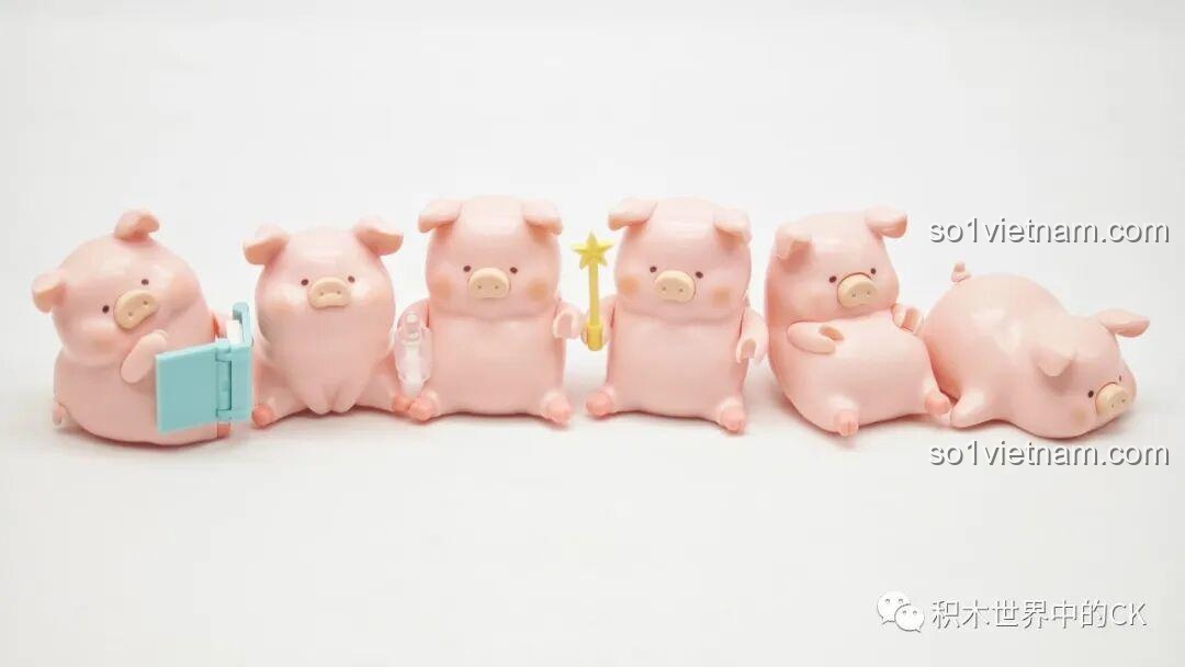 Bộ sưu tập các minifigure Lợn LuLu từ nhiều bộ xếp hình khác nhau, thể hiện sự đa dạng trong tạo hình.