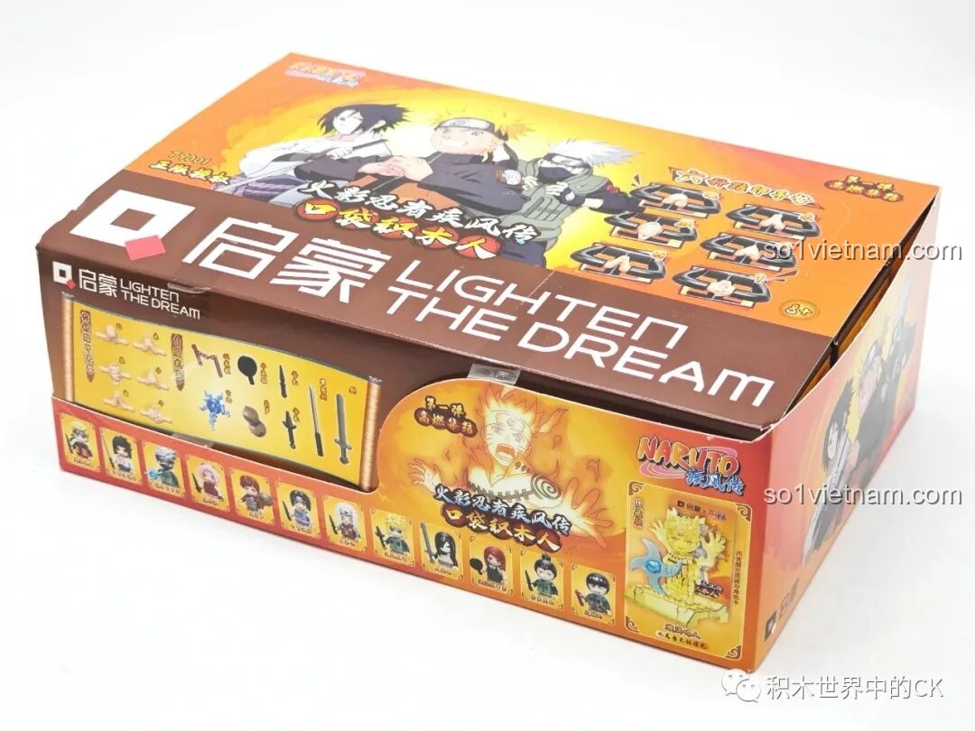 Hộp lớn của bộ sưu tập minifigure Naruto Qman 79001 với hình ảnh các nhân vật chính, món quà tuyệt vời cho bé trai 6 tuổi.