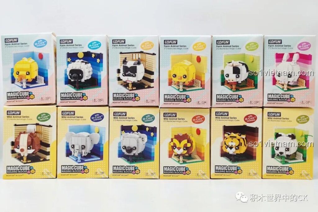 Toàn bộ 12 mẫu trong series đồ chơi lắp ráp Rubik Động Vật LQFUN, bao gồm chủ đề nông trại và động vật hoang dã.