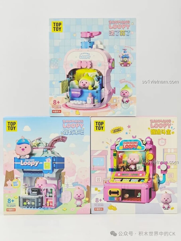 Toàn cảnh 3 hộp của bộ sưu tập đồ chơi mô hình TOP TOY Zanmang Loopy gồm Tiệm Kem, Phòng Tắm và Máy May Mắn.