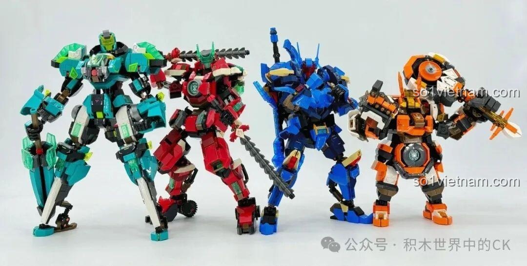 Hình ảnh cả 4 mô hình robot Tứ Đại Thiên Vương SEMBO trong các tư thế chiến đấu, thể hiện sự đa dạng.