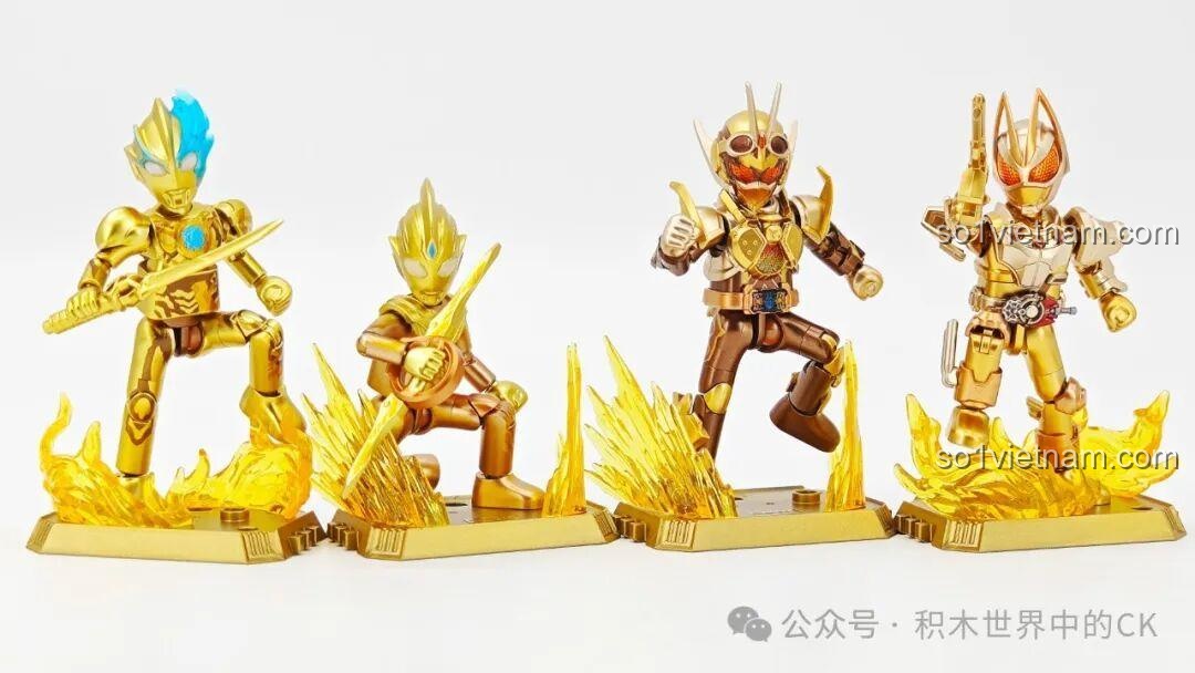 Bộ tứ siêu anh hùng Tokusatsu phiên bản vàng gồm Ultraman Blazar, Trigger và Kamen Rider Geats, Gotchard tạo dáng cùng nhau.