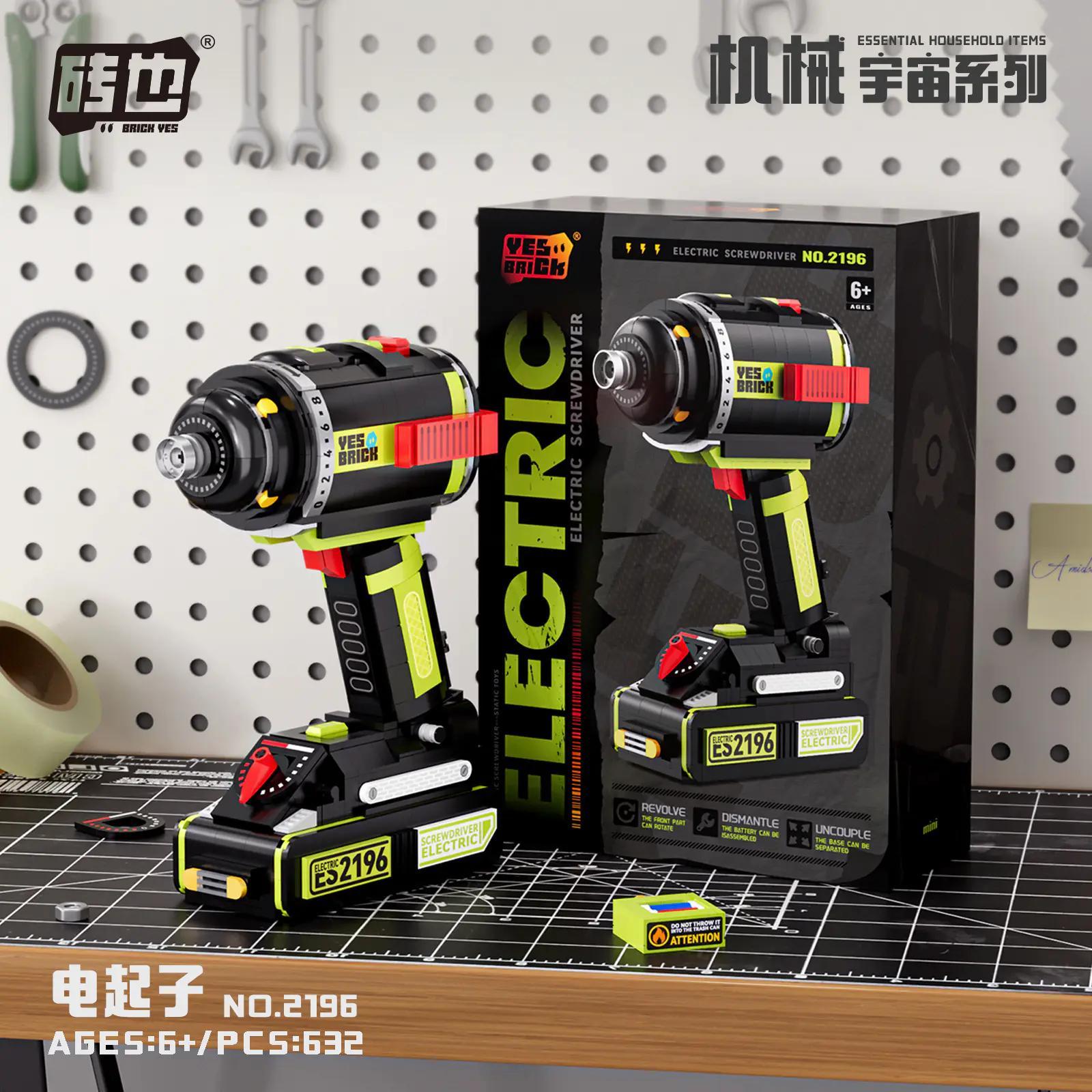 Hộp sản phẩm Máy Vặn Vít Điện Tử Brick Yes 2196 với 632 mảnh ghép, phù hợp cho bé 6+ tuổi