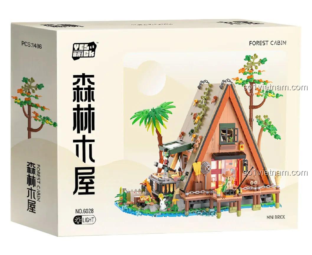 Hộp bộ lắp ghép Ngôi nhà gỗ trong rừng 砖也/唯乐创想 6028, mô hình kiến trúc mộc mạc với đèn LED, 1486 mảnh, độ tuổi 6+