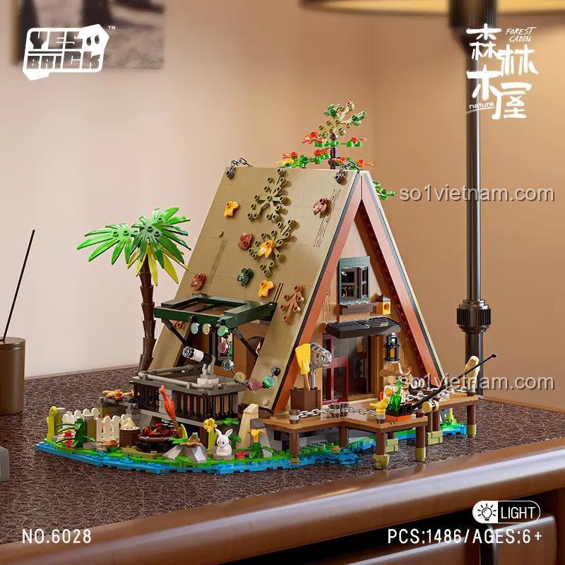 Chi tiết bộ lắp ghép Ngôi nhà gỗ trong rừng 砖也/唯乐创想 6028, mô hình kiến trúc mộc mạc với đèn LED, 1486 mảnh, độ tuổi 6+