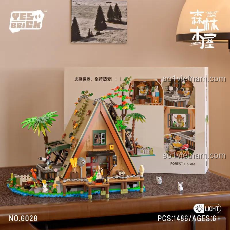Chi tiết bộ lắp ghép Ngôi nhà gỗ trong rừng 砖也/唯乐创想 6028, mô hình kiến trúc mộc mạc với đèn LED, 1486 mảnh, độ tuổi 6+