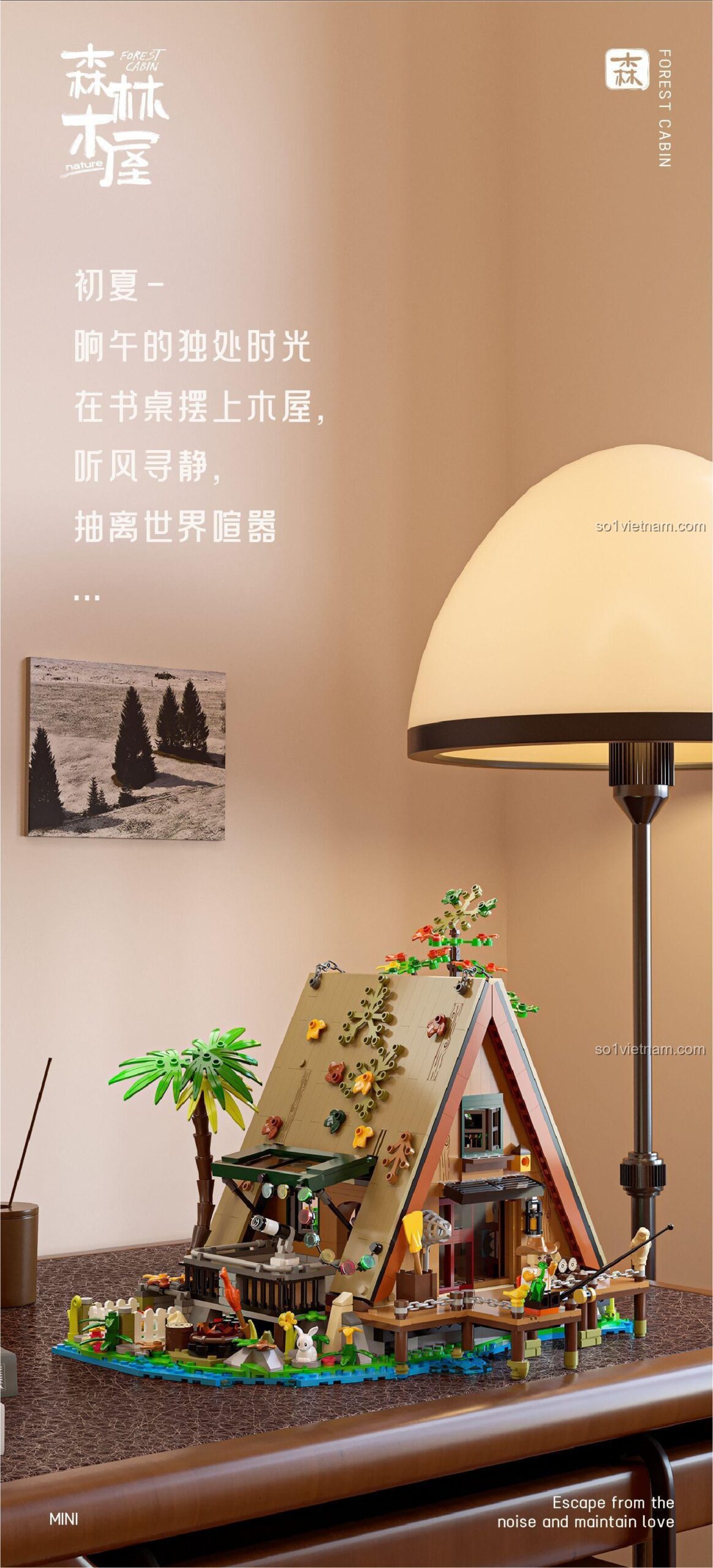 Kích thước bộ lắp ghép Ngôi nhà gỗ trong rừng 砖也/唯乐创想 6028, mô hình kiến trúc mộc mạc với đèn LED, 1486 mảnh, độ tuổi 6+