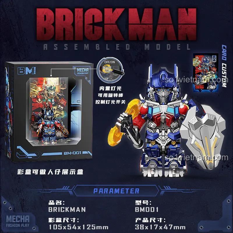 Hộp đồ chơi xếp hình Người máy Optimus Prime BrickMan BM001, có đèn LED, thể hiện kích thước chi tiết, phù hợp bé trai 8 tuổi.