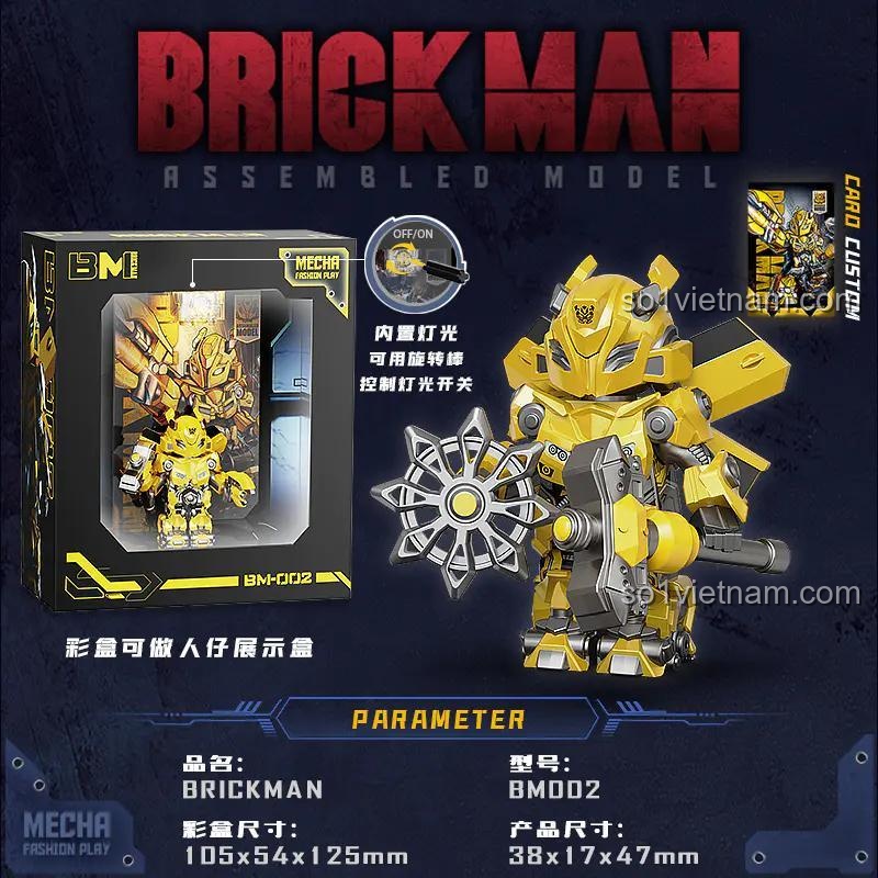 Mô hình Robot Bumblebee BrickMan BM002 với kích thước chi tiết, đồ chơi lắp ghép có đèn LED cho con trai 8 tuổi, chất lượng cao.