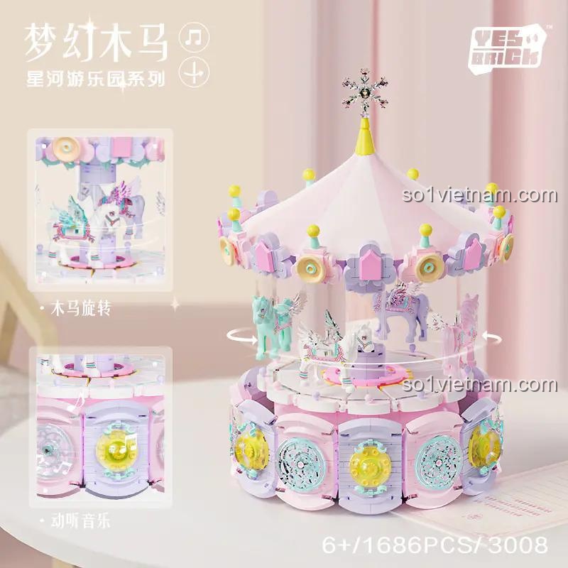 Kích thước mô hình Dream Carousel Music Box 3008 BrickSo - Hộp nhạc mơ mộng, Vòng quay ngựa lấp lánh, Đồ chơi xếp hình cho bé gái 6 tuổi