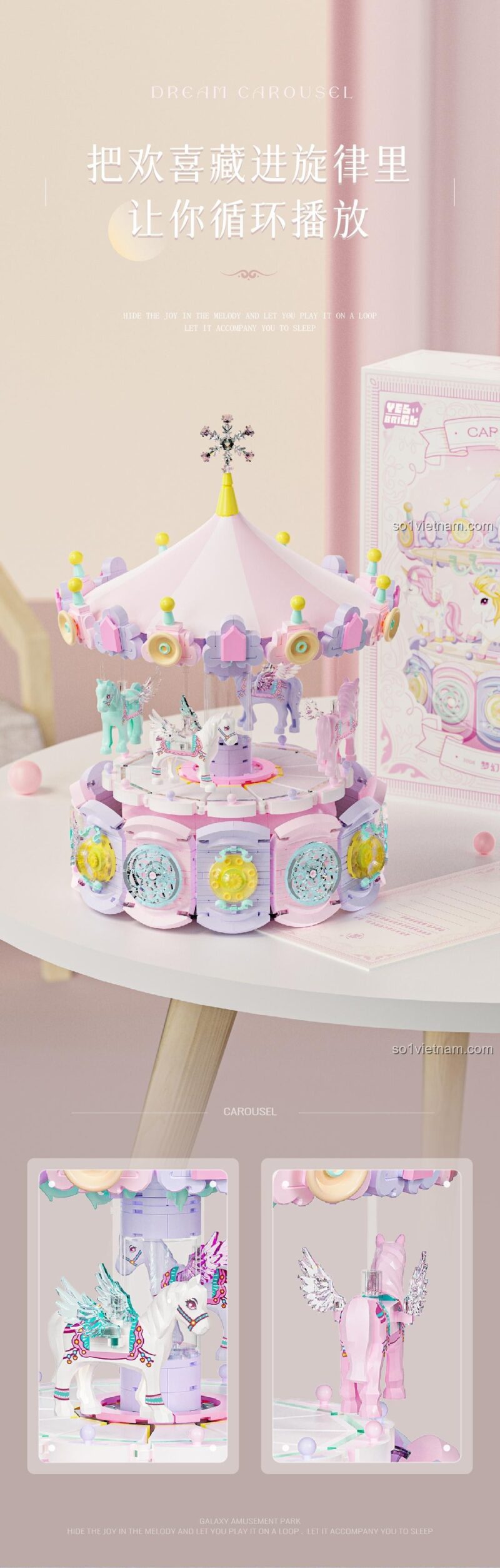 Quảng cáo Dream Carousel Music Box 3008 BrickSo - Hộp nhạc mơ mộng, Vòng quay ngựa lấp lánh, Đồ chơi xếp hình cho bé gái 6 tuổi