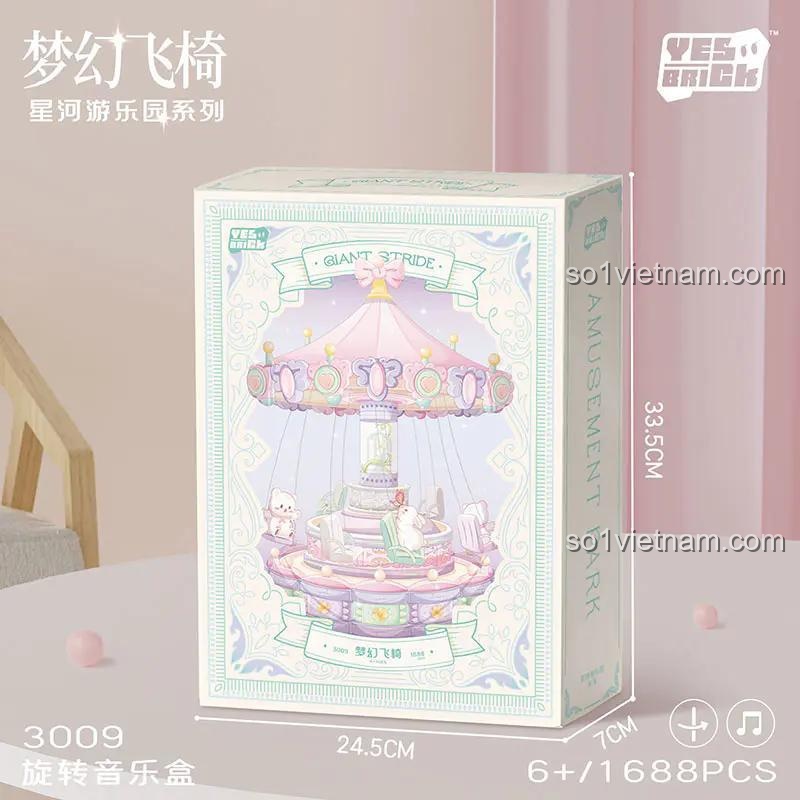 Kích thước hộp sản phẩm Nhạc nước Cầu Trượt Bay Mộng Mơ: 33.5x7x24.5cm, 1688 mảnh, độ tuổi 6+, màu hồng tím trắng xanh lá, có nhạc, có thể xoay tròn, công viên giải trí, đồ chơi giáo dục, đồ chơi sáng tạo, giá tốt