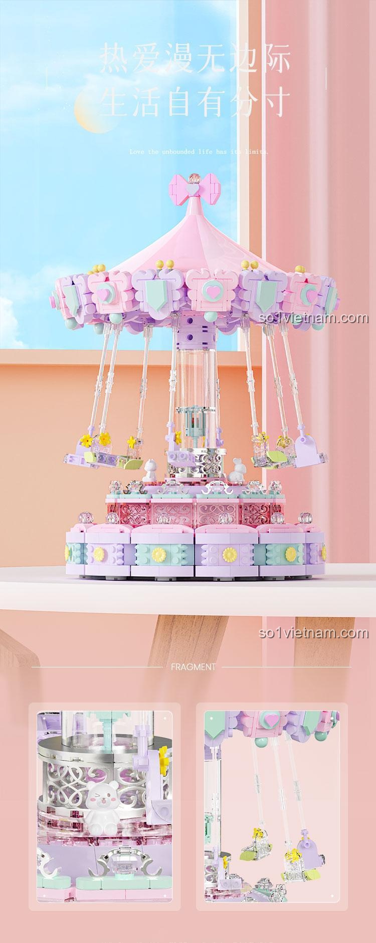 Mô hình Nhạc nước Cầu Trượt Bay Mộng Mơ 1688 mảnh, độ tuổi 6+, màu hồng tím trắng xanh lá, có nhạc, có thể xoay tròn, công viên giải trí, đồ chơi giáo dục, đồ chơi sáng tạo, giá tốt