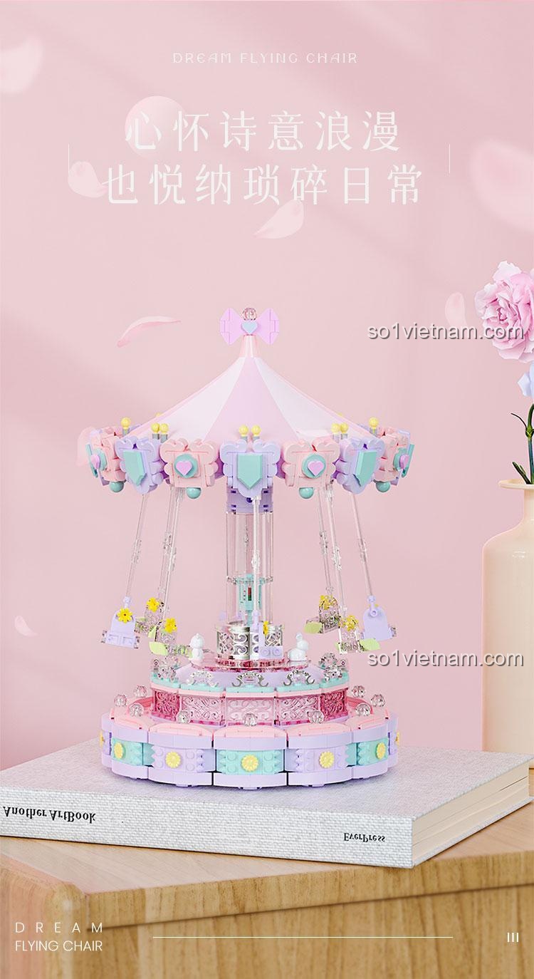 Mô hình Nhạc nước Cầu Trượt Bay Mộng Mơ 1688 mảnh, độ tuổi 6+, màu hồng tím trắng xanh lá, có nhạc, có thể xoay tròn, công viên giải trí, đồ chơi giáo dục, đồ chơi sáng tạo, giá tốt