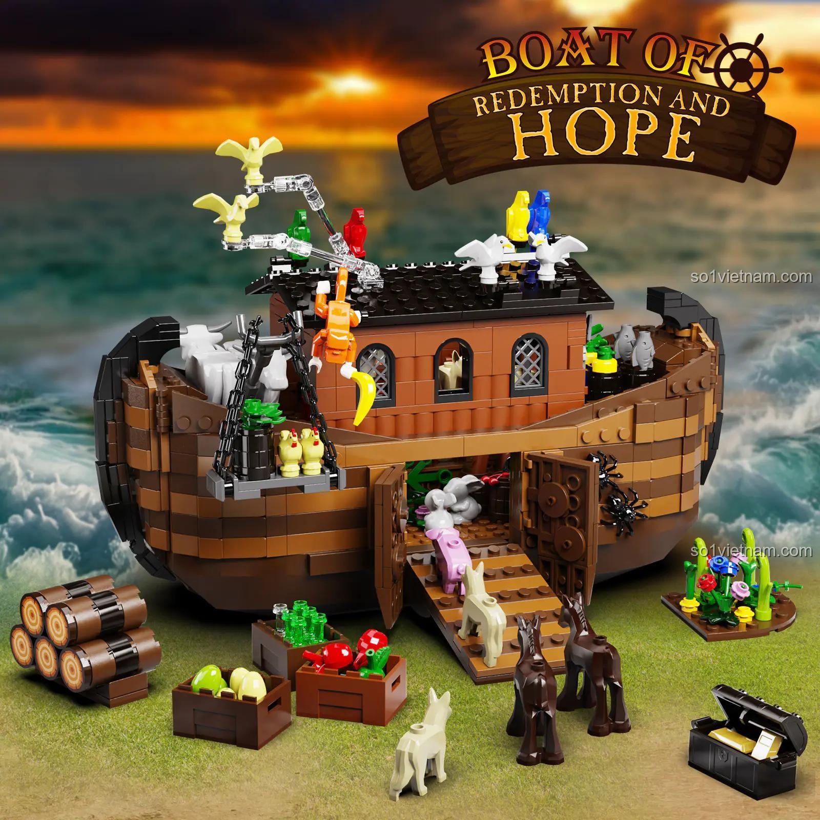 Mô hình Thuyền Noah BuildMoc F-C10018 trên nền cảnh biển hoàng hôn, thể hiện sự kỳ vĩ