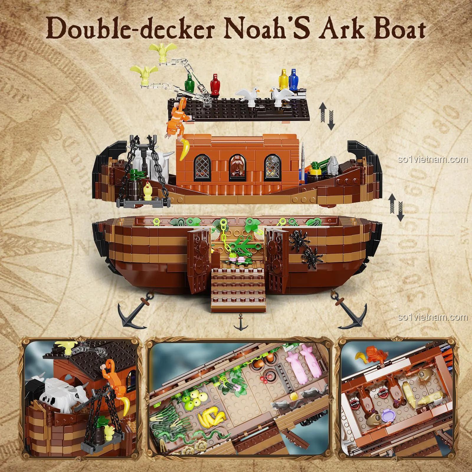 Chi tiết mô hình Thuyền Noah BuildMoc F-C10018, bao gồm các loài động vật và phụ kiện đi kèm