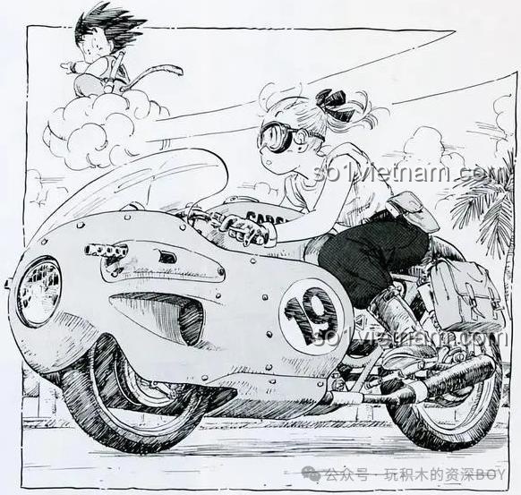 Bản vẽ gốc chiếc xe máy số 19 của Bulma trong Dragon Ball với Goku cưỡi mây