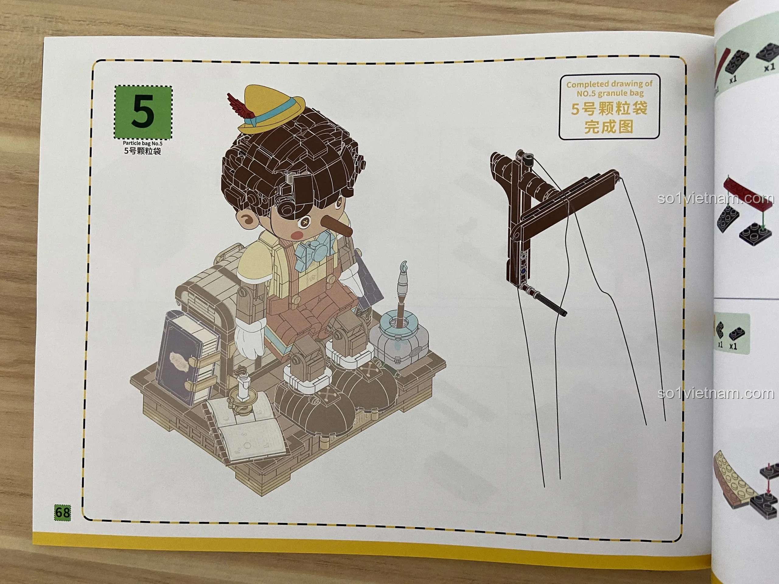 Hình ảnh hướng dẫn bước 5 lắp ráp phần đầu của Pinocchio và hoàn thiện mô hình trong sách Wekki 6186.