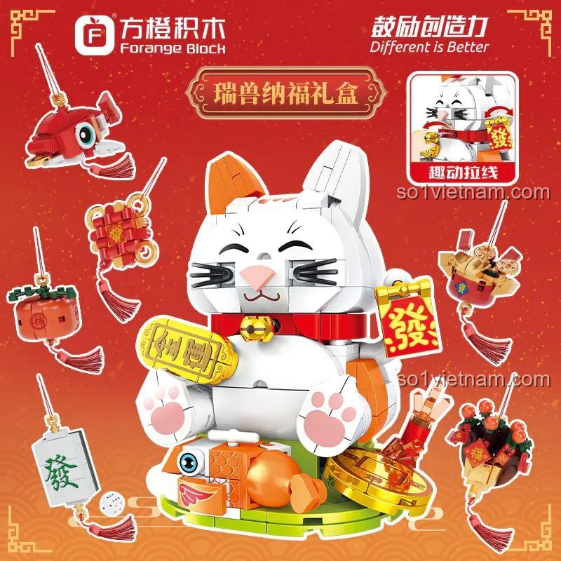 Các bộ phận của Mèo Thần Tài May Mắn Forange FC8611 bộ lắp ghép 298 mảnh