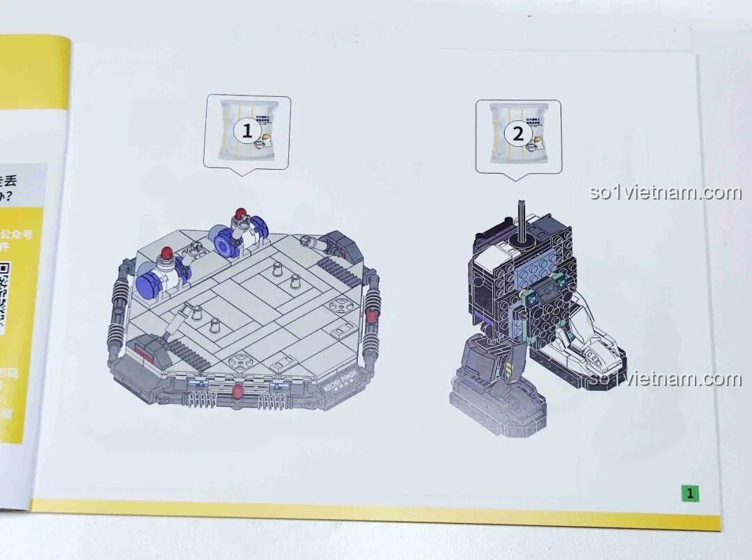 Các bước lắp ráp đầu tiên trong sách hướng dẫn, phân chia theo túi số 1 và 2 cho bộ lắp ráp Mecha Panda.