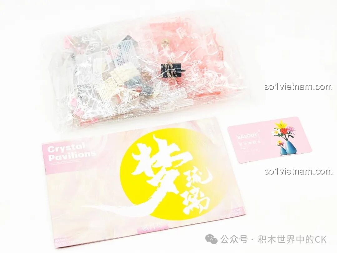 Toàn bộ chi tiết bên trong hộp đồ chơi mô hình Đình ngắm trăng bằng pha lê, gồm sách hướng dẫn và túi gạch.