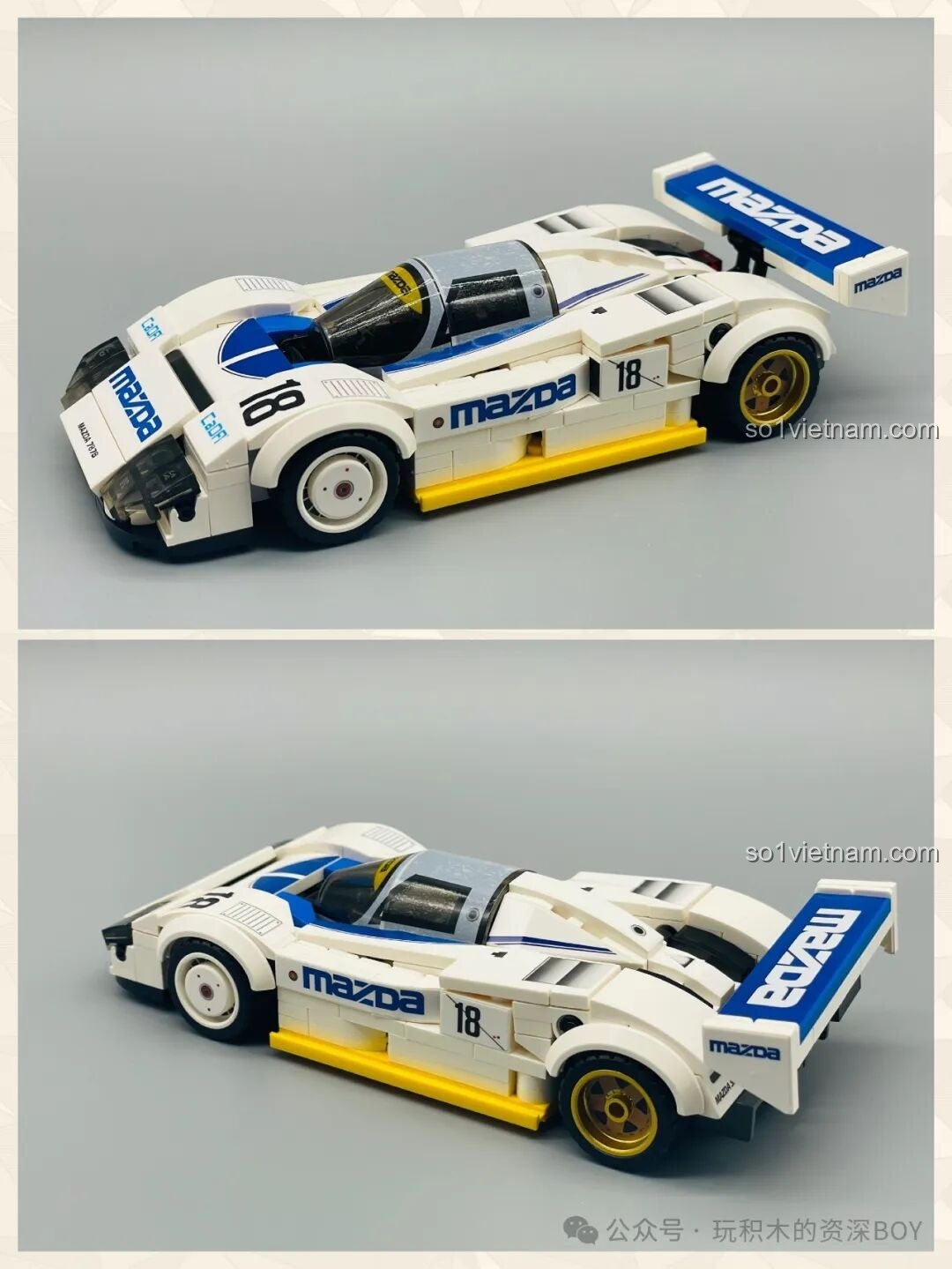 Mô hình CaDA C55029 Mazda 787B hoàn thiện nhìn từ nhiều góc độ khác nhau, thể hiện thiết kế siêu phẳng.