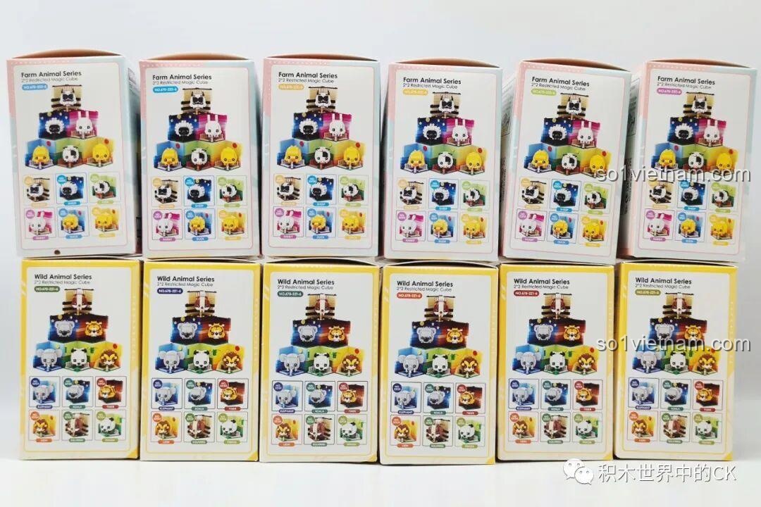 Các hộp sản phẩm của bộ lắp ghép Đồ chơi Rubik Thỏ và các con vật khác được xếp chồng lên nhau, sẵn sàng để khám phá.