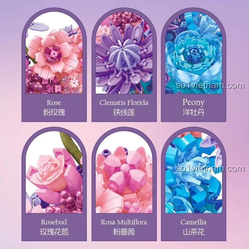 Các loại hoa được lắp ráp trong bộ JIESTAR JJ9163: Rose (Hoa hồng), Clematis Florida (Hoa Móng Tay), Peony (Hoa Mẫu Đơn), Rosebud (Nụ hồng), Rosa Multiflora (Hoa tường vi), Camellia (Hoa trà).