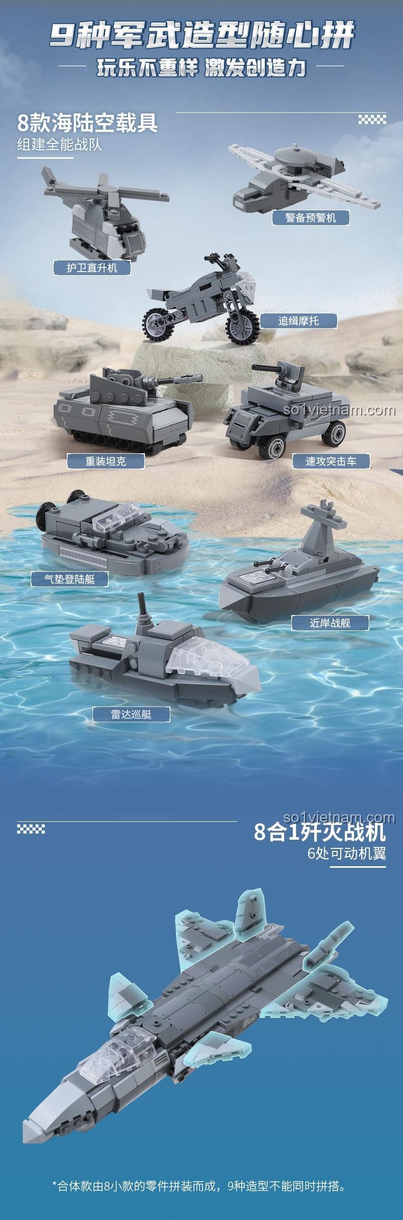 Các mô hình lắp ráp từ bộ Qman 42201: chiến cơ, xe tăng, trực thăng, tàu chiến, xe địa hình, tàu đổ bộ, tàu tuần tra, máy bay trinh sát, đồ chơi giáo dục cho bé trai