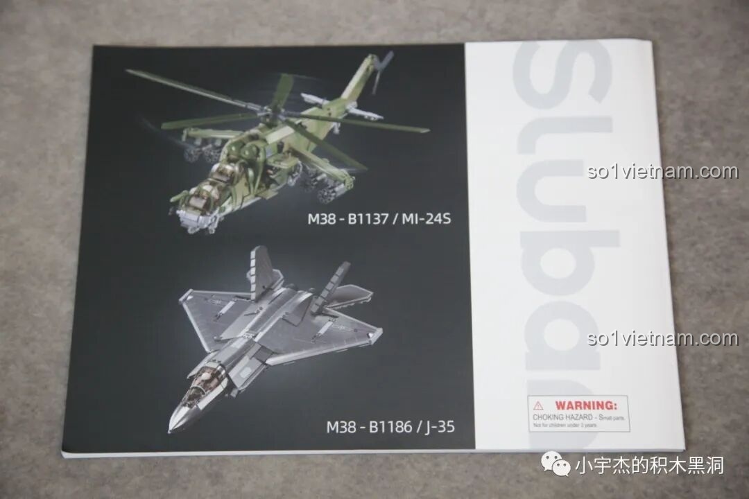 Mặt sau sách hướng dẫn Sluban J-20 M38-B1187 Tiêm Kích Tàng Hình, giới thiệu các mô hình quân sự khác của Sluban như Mi-24 và J-35.