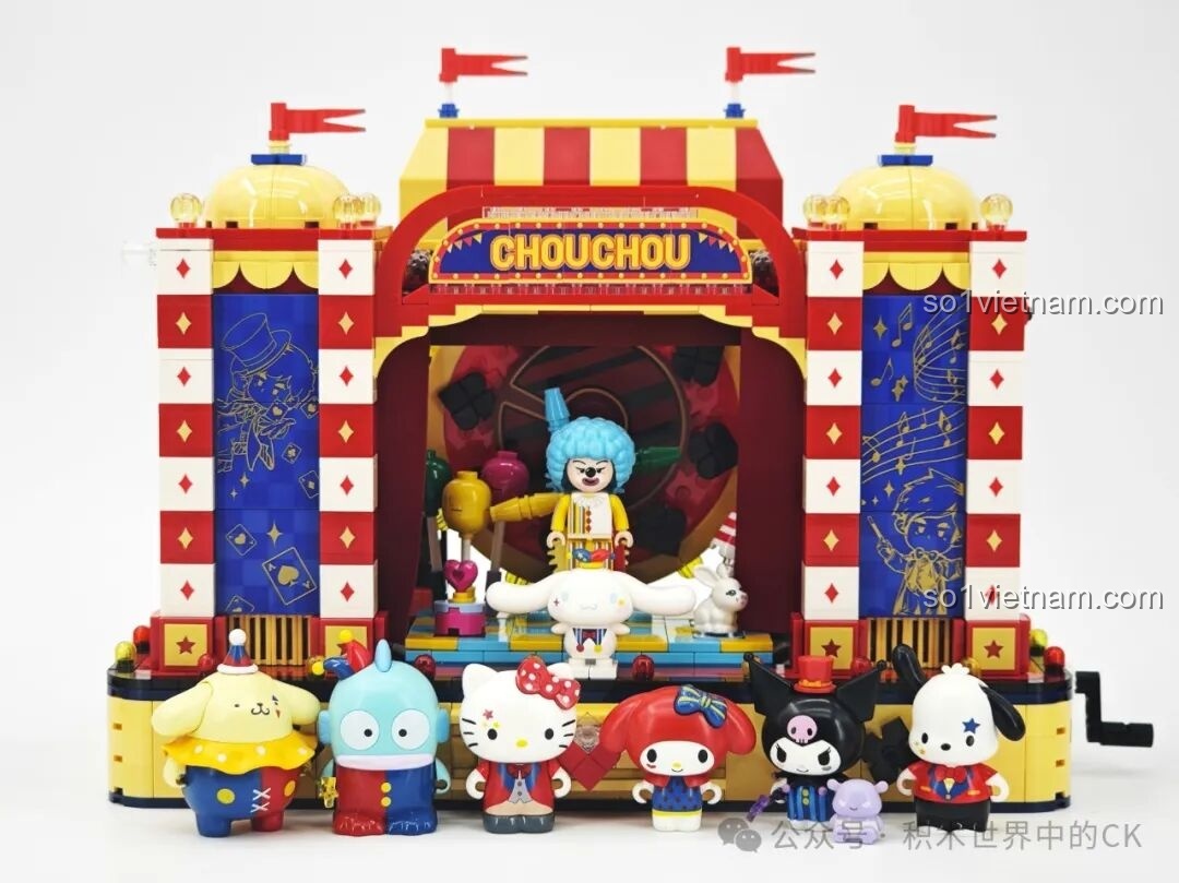 Các nhân vật Sanrio từ Keeppley, bao gồm Hangyodon, Hello Kitty, Cinnamoroll, My Melody trong một khung cảnh.