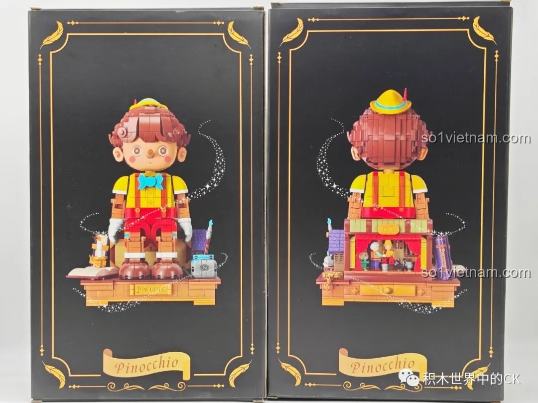 Các tư thế khác nhau của mô hình Pinocchio Wekki 506186 được minh họa trên hộp, thể hiện tính linh hoạt của sản phẩm.