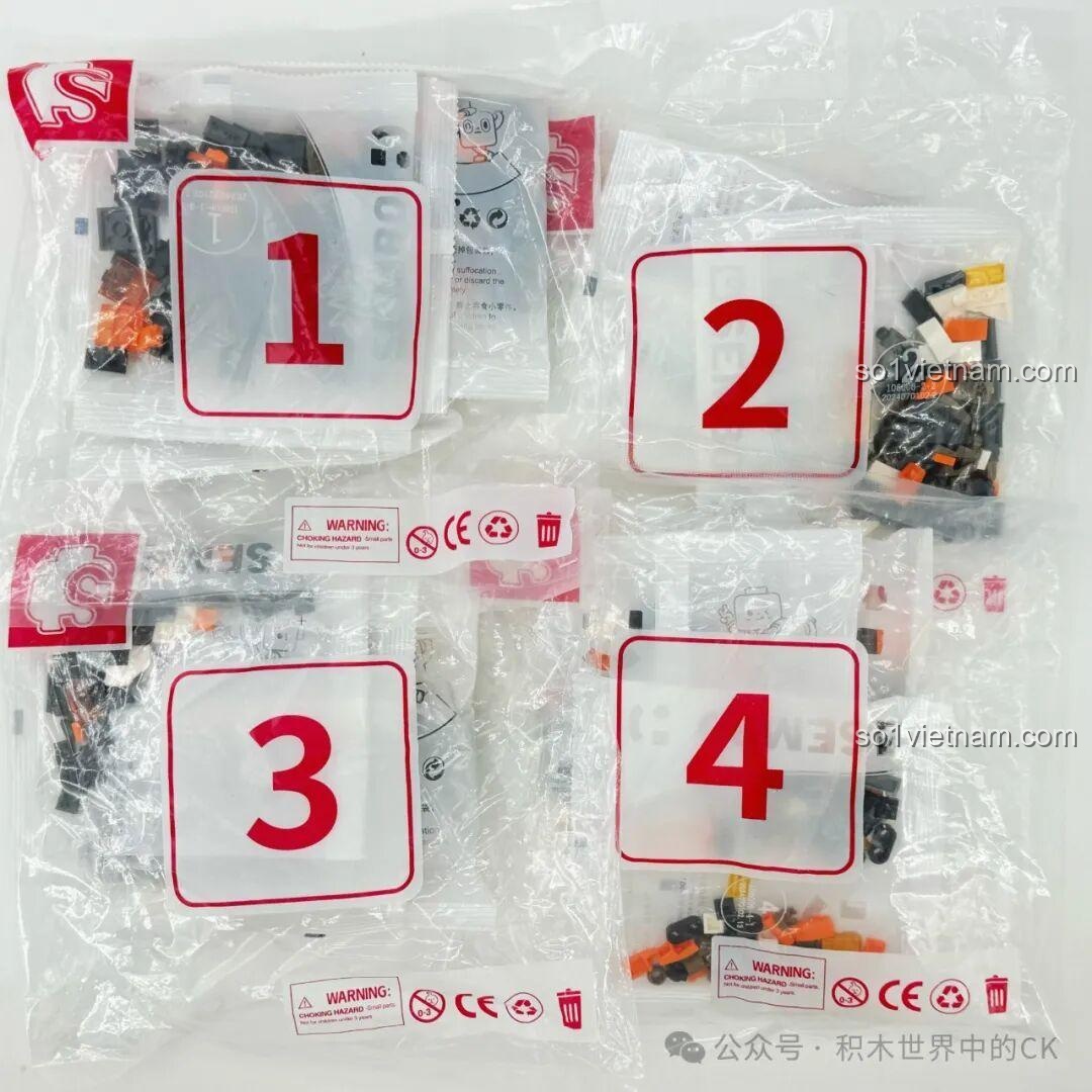 Các túi chi tiết được đánh số của bộ lắp ráp robot Ma Lễ Hải SEMBO 106006, giúp việc lắp ráp dễ dàng.