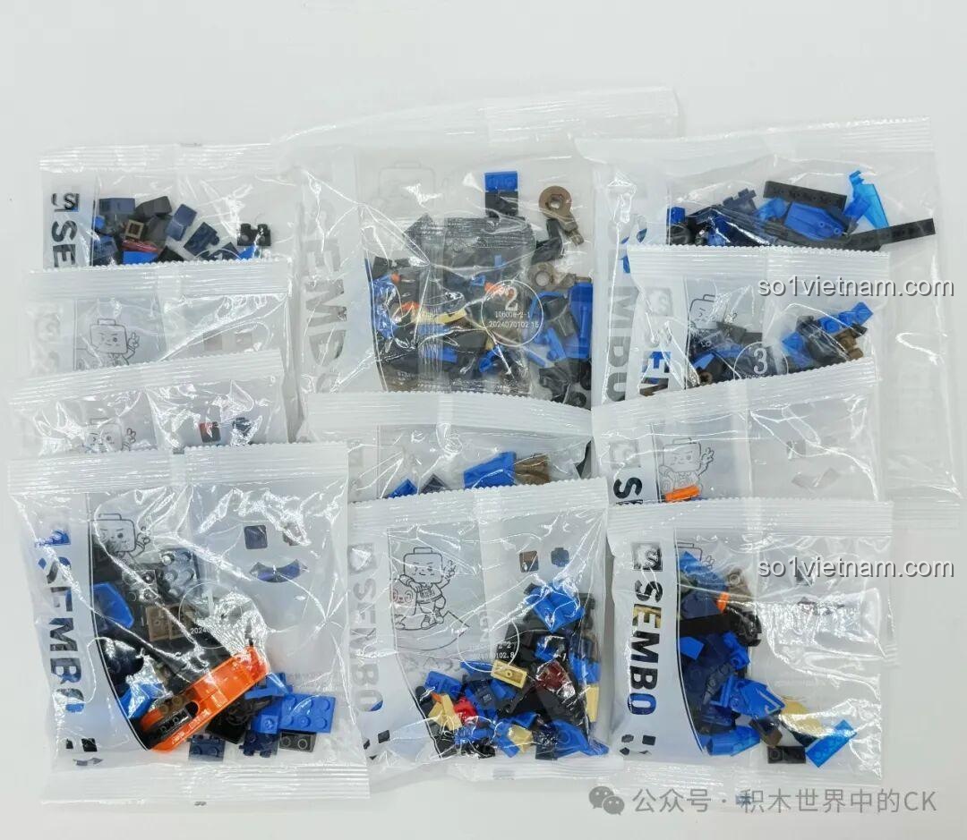 Các túi chi tiết được đánh số của bộ lắp ráp robot Ma Lễ Thanh SEMBO 106005, giúp việc lắp ráp dễ dàng.