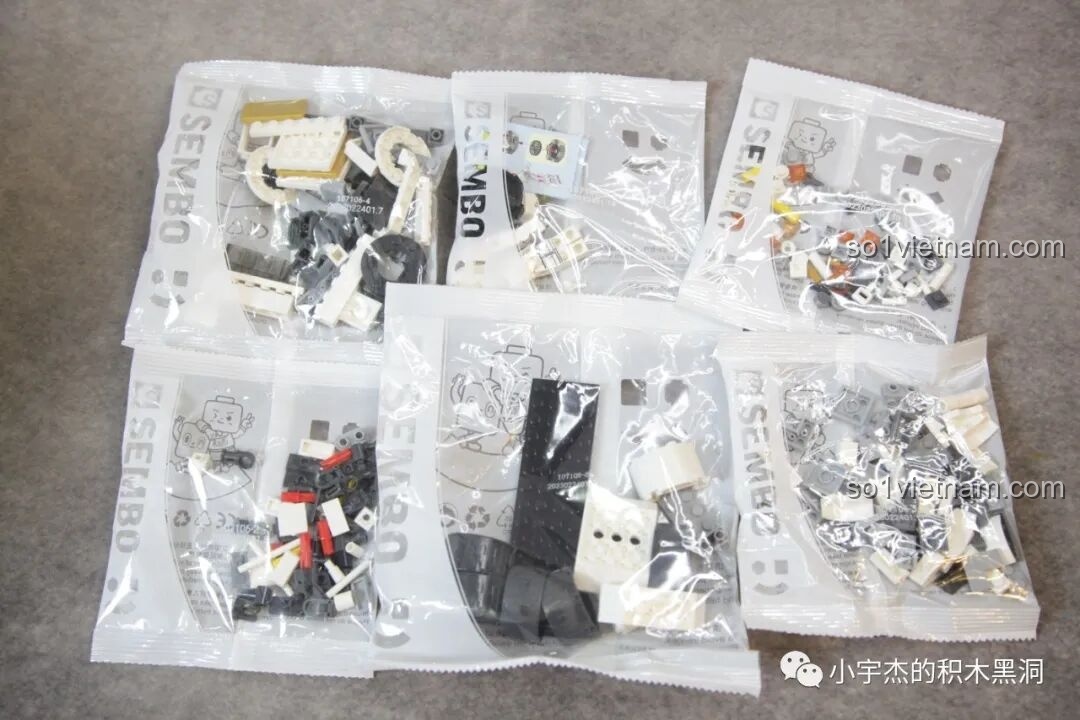 Các túi linh kiện được đánh số của bộ lắp ghép SEMBO 107106, giúp phân loại dễ dàng.