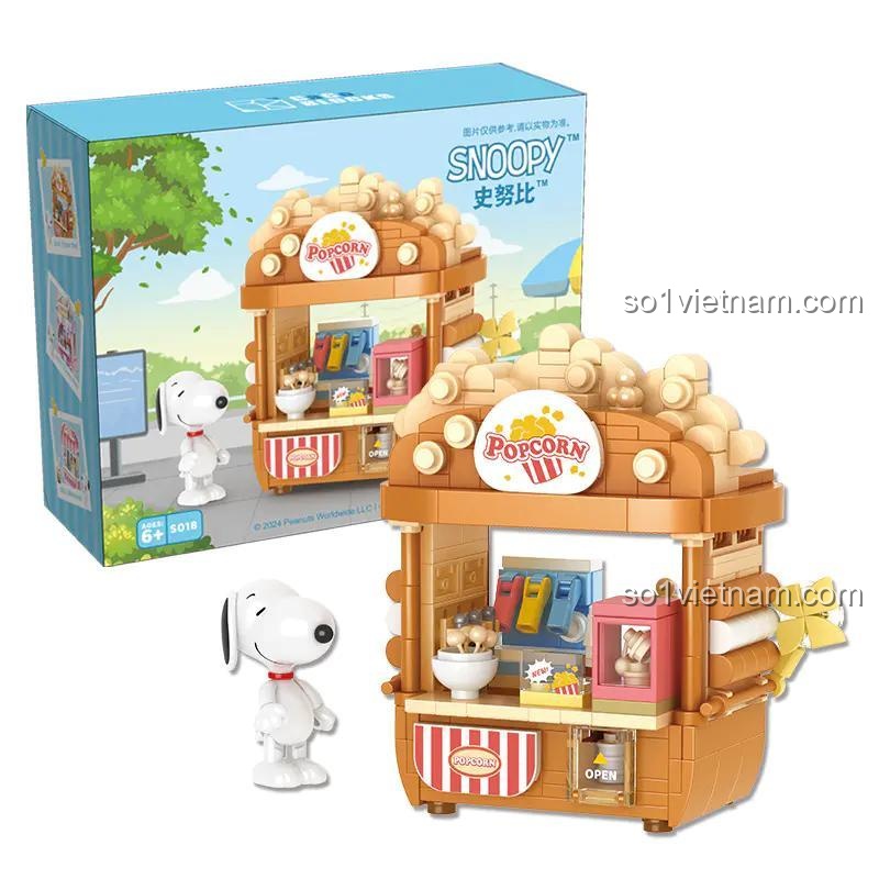 Hộp sản phẩm Cửa hàng Bắp Rang Bơ Snoopy CACO S018, bộ xếp hình 335 mảnh cho trẻ em