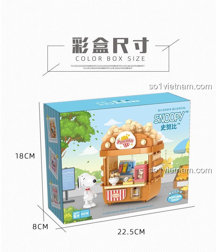 Kích thước hộp Snoopy Tiệm Vẽ Chân Dung CACO S023, bộ lắp ghép 376 mảnh cho bé 6 tuổi