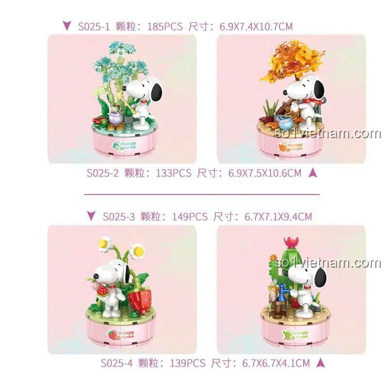 Hộp sản phẩm và mô hình Chậu Cây Snoopy Vòng 4 CACO S025, bộ lắp ghép Snoopy Garden, 1210 mảnh, đồ chơi xếp hình cho bé gái 6 tuổi