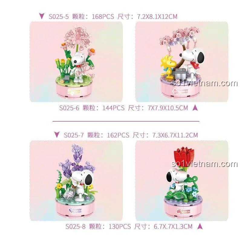 Kích thước hộp sản phẩm Chậu Cây Snoopy Vòng 4 CACO S025, bộ lắp ghép Snoopy Garden, 1210 mảnh, đồ chơi xếp hình cho bé gái 6 tuổi