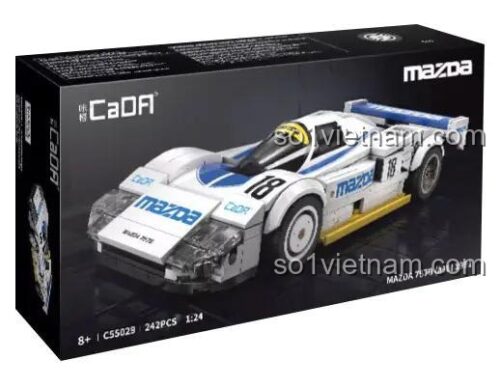 Hộp sản phẩm bộ lắp ghép CaDA C55029 Xe đua Mazda 787B, hiển thị mã số C55029, 242 mảnh ghép, tỉ lệ 1:24, độ tuổi 8+, giá tiết kiệm cho bé trai.
