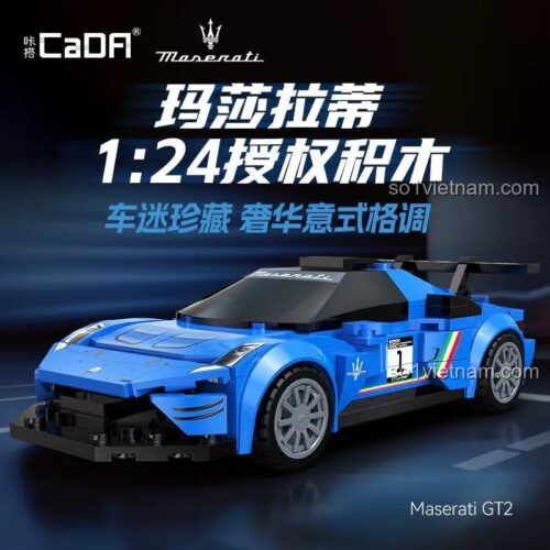 Hộp sản phẩm bộ lắp ghép xe đua Maserati GT2 CaDA C55031, có hình ảnh xe và thông tin sản phẩm