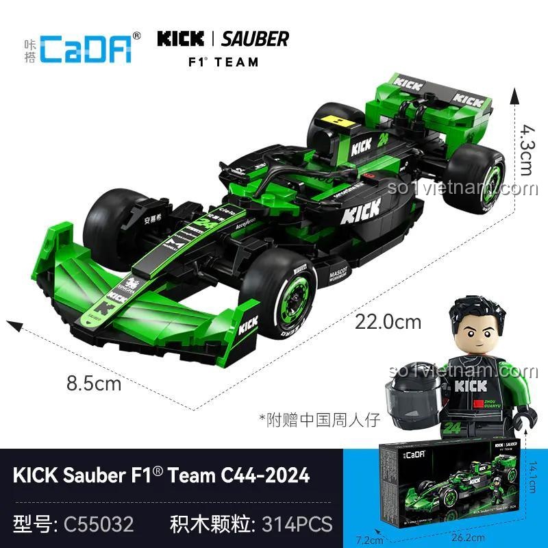 Kích thước mô hình đồ chơi mô hình CaDA C55032 Xe đua Công thức 1 (22x8.5x4.3cm), hộp 26.2x14.1x7.2cm, có minifigure Châu Quán Vũ, giá tốt