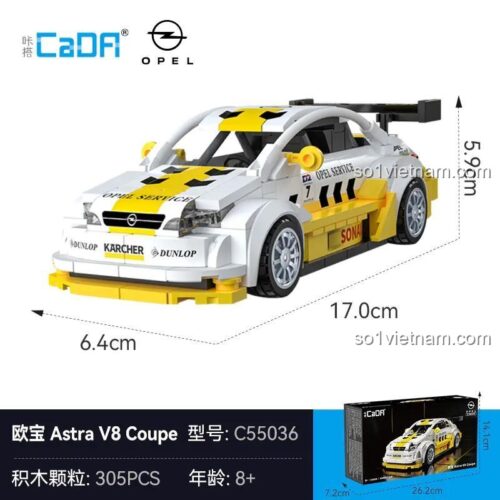 Đồ chơi lắp ráp C55036, mô hình xe đua Opel Astra V8 Coupe, hiển thị kích thước và hộp sản phẩm, phù hợp bé trai 8 tuổi.